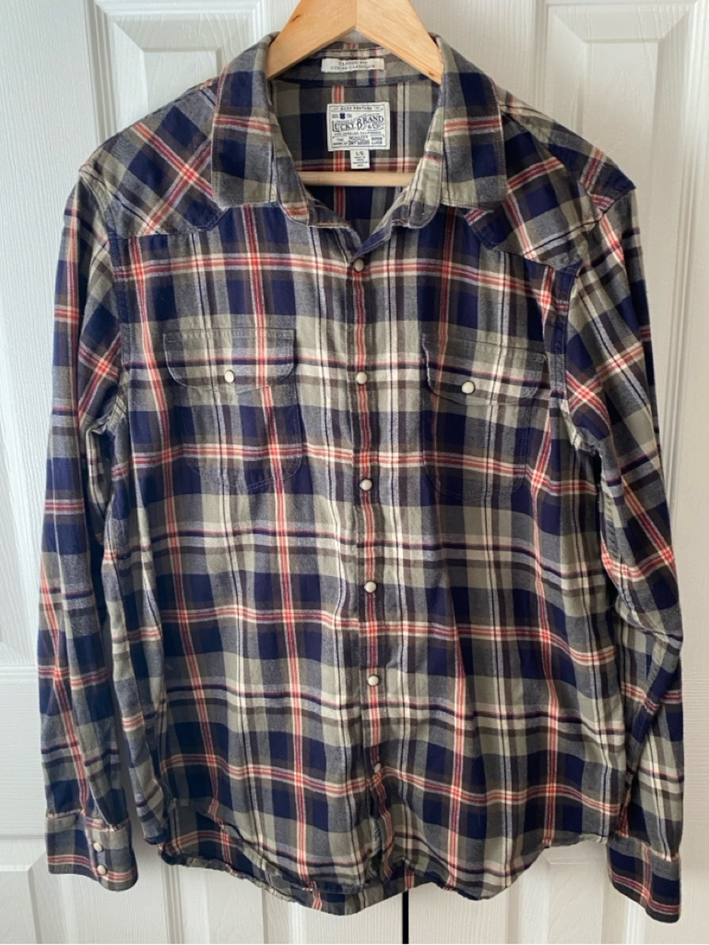 LUCKY BRAND Indigo Red Plaid 100% Cotton Flannel Pearl Snap Western Shirt L